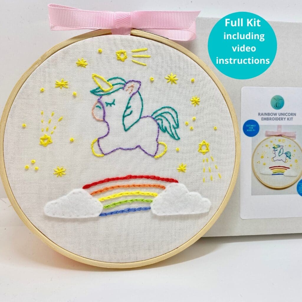 Rainbow Unicorn embroidery kit, DIY embroidery kit, Beginners embroidery, Craft gift kit, Sewing