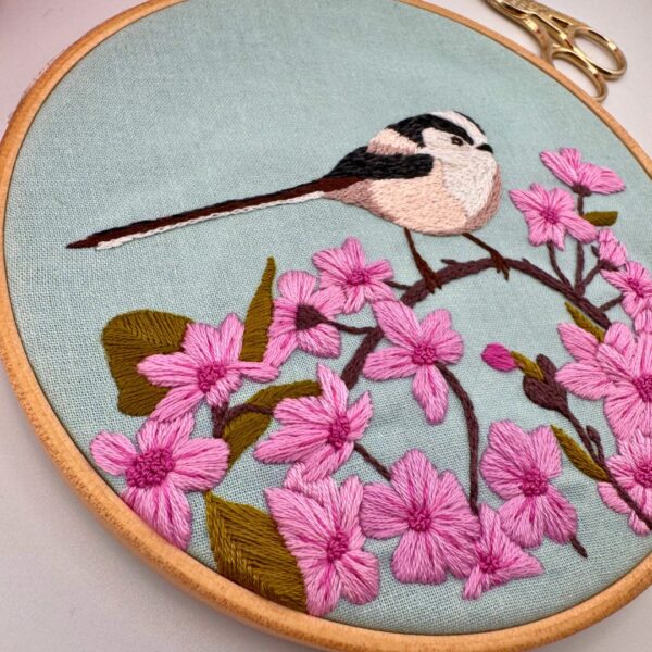 Cherry Blossom and Long Tailed Tit embroidery kit, Beginner embroidery kit, Craft gift, Modern Embroidery - Image 3