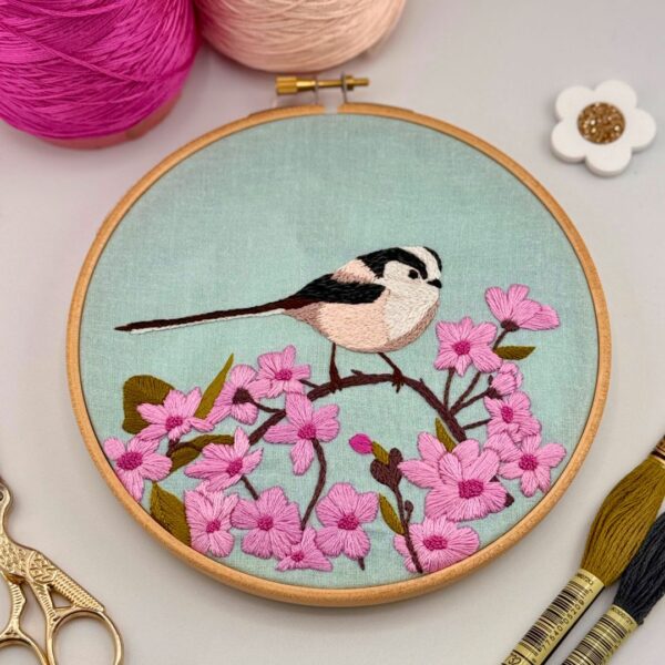 Cherry Blossom and Long Tailed Tit embroidery kit, Beginner embroidery kit, Craft gift, Modern Embroidery - Image 2