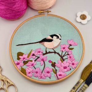 Cherry Blossom and Long Tailed Tit embroidery kit, Beginner embroidery kit, Craft gift, Modern Embroidery