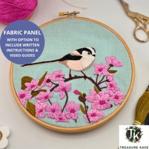 Cherry Blossom and Long Tailed Tit panel for embroidery, Nature embroidery design, Hand embroidery panel