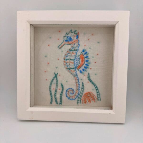 Sea Horse framed embroidery, Hand embroidery, Wall art