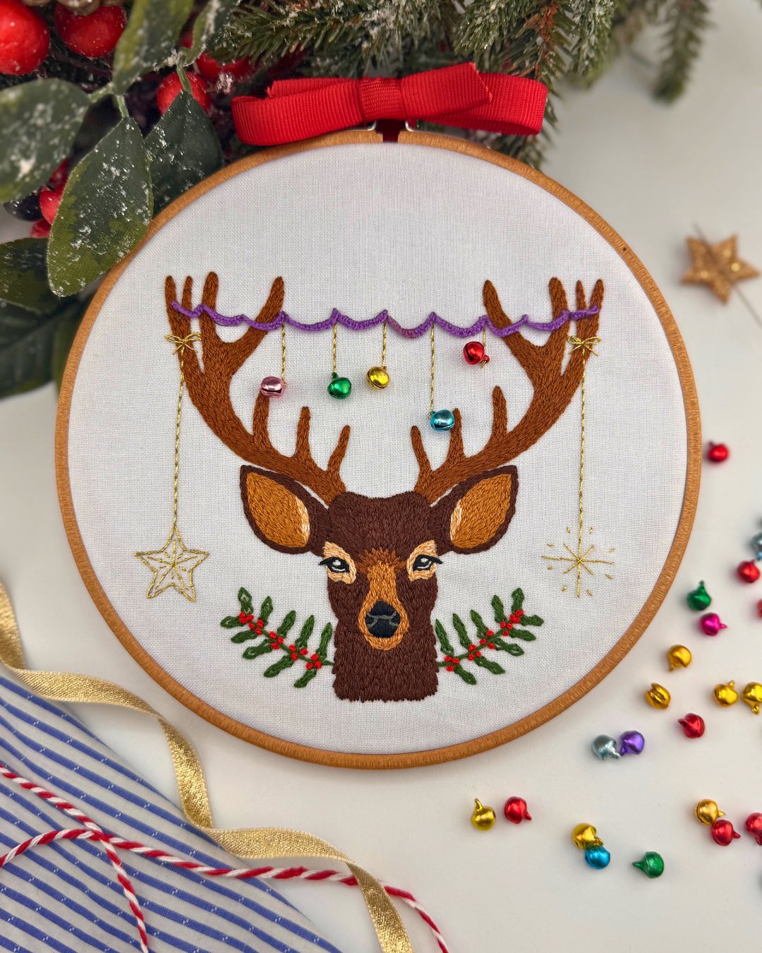 Christmas Reindeer embroidery kit, Adventurous Beginner Festive embroidery kit