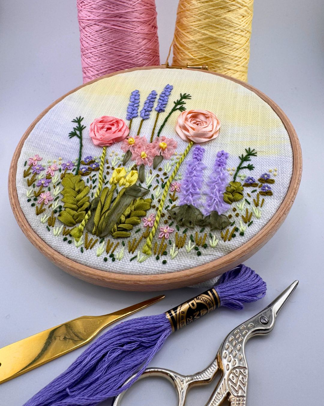 Ribbonwork Flower Garden embroidery kit, Ribbon work embroidery kit for the Adventurous Beginner - Image 2