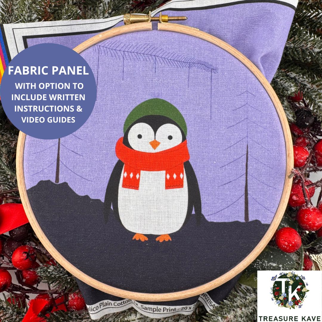 Festive Penguin panel for embroidery, Christmas embroidery design, Hand embroidery panel